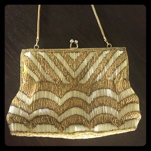 Gatsby Art Deco beaded evening bag. Gold strap.